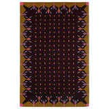 Dark brown and mustard Hedgerow rug handwoven with mustard yellow border and decorative motifs.