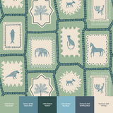 Folk Tales wallpaper in pistachio green with illustrated folk-inspired animal pattern and paint colour suggestions.
