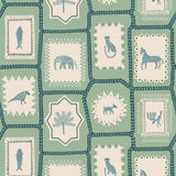 Folk Tales wallpaper in pistachio green with illustrated animals in a folk-inspired design