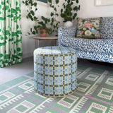 Blue and Green living room with Blue Charbagh Fabric pouf, Green flatweave rug, blue printed sofa.