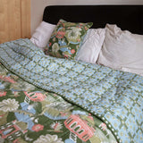 Bed with Lodhi Garden Quilt and cushion inspired by travels in India
