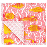 Pink Coral Reef Baby Quilt handprinted with an underwater scene of tropical fish and coral.