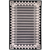 Black and white stripe rug handwoven with dark grey stripes, black decorative border and off-white ecru base.