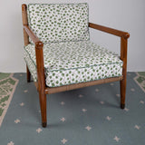 Blue and Green manali flatweave rug with chair upholstered with green pine fabric