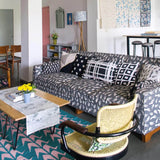 Living room with green and pink flatweave wool rug