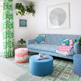 Colourful green and blue living room with the Green Labourdonnais checkered flatweave rug