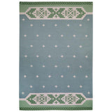 Blue and Green Flatweave Rug with cross stitch motifs and patterned border.