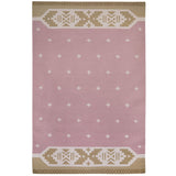 Rose Pink and Ochre Yellow Manali flatweave rug with cross stitch motifs and patterned border.
