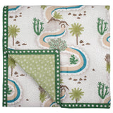 Winding Roads Baby Quilt showcasing handprinted design with winding roads, rivers, palm trees, and cacti in green, blue, and taupe hues