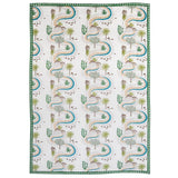 Winding Roads Baby Quilt nature-inspired pattern with meandering river landscape of palm trees, cacti and pampas in soft tones of green, blue and taupe.