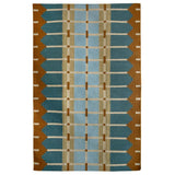 Corbie flatweave wool rug in blue and ochre grid design shown on a white background.