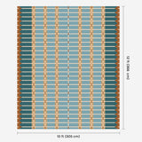 Blue and ochre flatweave wool rug digital mock-up showing 10ft x 12ft (approx 305 x 365cm) size for scale.