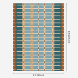Blue and ochre flatweave wool rug digital mock-up showing 6ft x 8ft (approx 180 x 245cm) size for scale.
