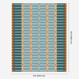 Blue and ochre flatweave wool rug digital mock-up showing 8ft x 10ft (approx 245 x 305cm) size for scale.