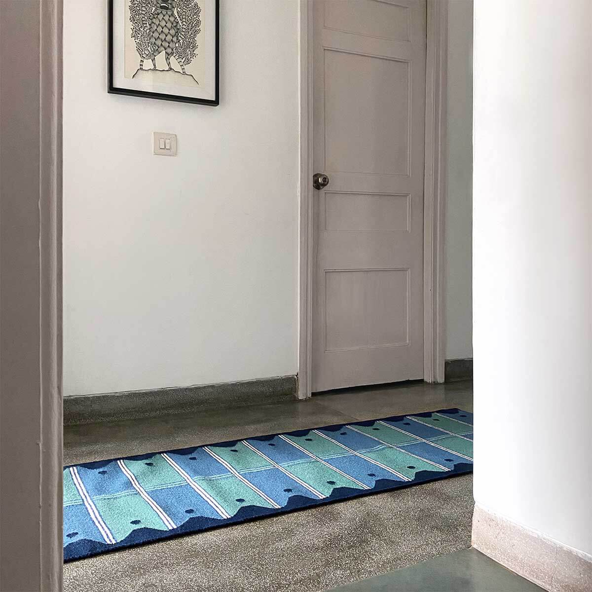 Ladder Wool Flatweave Runner Rug - Blue and Green – Safomasi