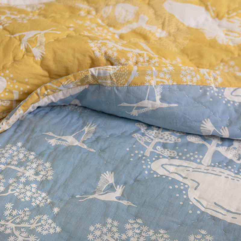 Blue and Yellow Zen Onsen Garden Baby Quilt Quilted Playmat