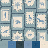 Folk Tales wallpaper in Blue with illustrated folk-inspired animal pattern and paint colour suggestions.