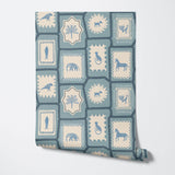 Folk Tales wallpaper in Blue showing repeat pattern with illustrated animals
