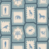 Folk Tales wallpaper in Blue with illustrated animals in a folk-inspired design