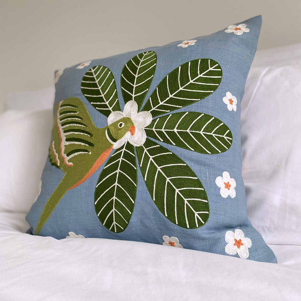 Parakeet Embroidered Cushion Cover