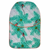 Quilted cotton hot water bottle cover in mint green Coconut Palm Pickers fabric with a handprinted tropical palm design.