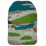 Quilted hot water bottle cover in handprinted Spotted Deer woodland fabric.